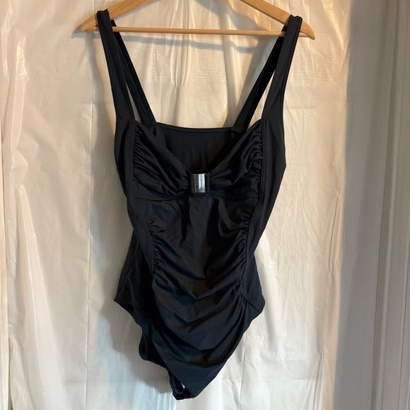Calvin Klein Blue Gray Swimsuit Sz 14 Tummy Coverage Minimalist Flattering Swim - Picture 1 of 6